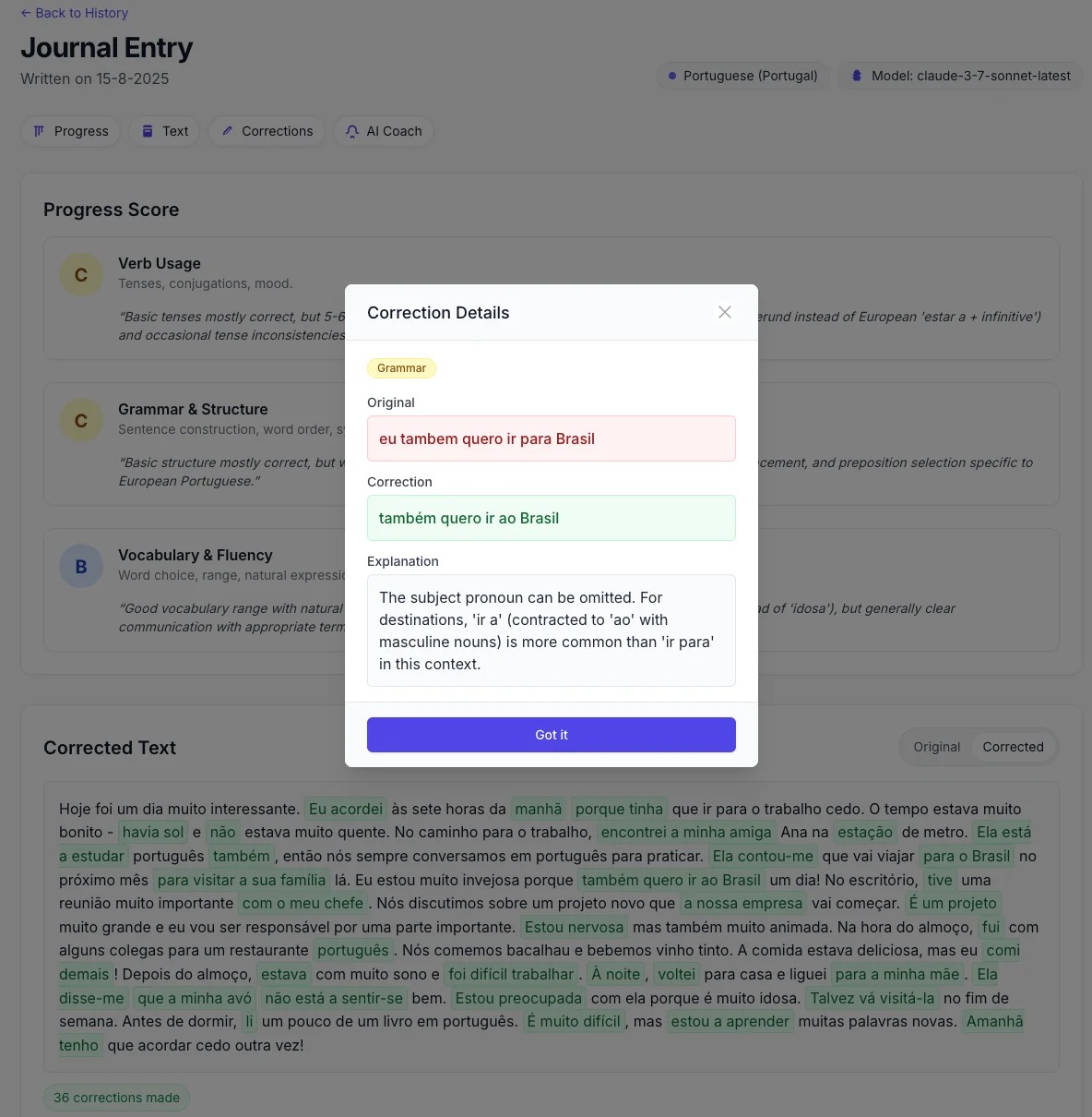 Bonjournal corrections view — progress scores, detailed grammar corrections, and corrected text with highlights