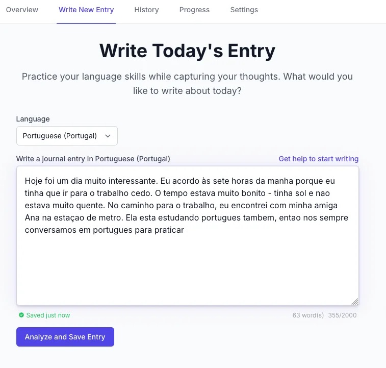 Bonjournal writing interface — composing a journal entry in Portuguese