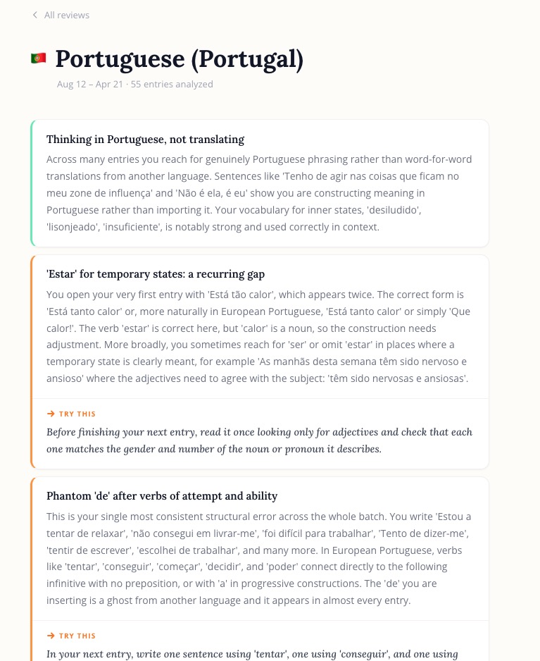 Bonjournal Periodic Insight showing strengths, recurring pitfalls, and try-this coaching prompts