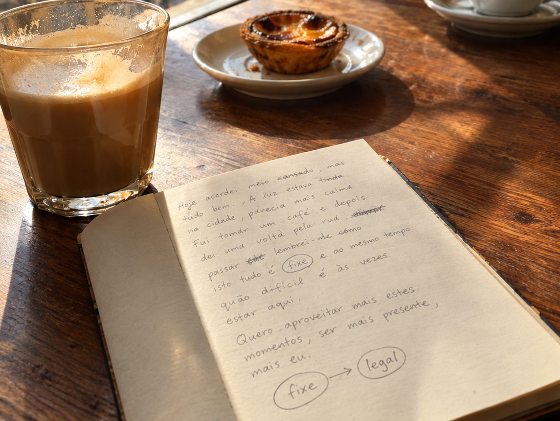 An open notebook with a handwritten Portuguese journal entry on a sunlit wooden table, the words fixe and legal circled with an arrow between them, beside a glass of milky coffee and a pastel de nata