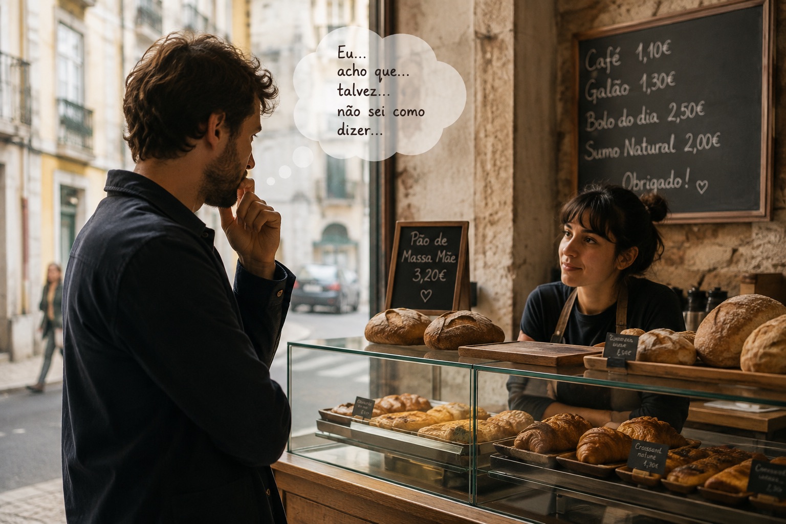 A man pauses at a Lisbon bakery counter, unable to answer, while the woman serving him waits